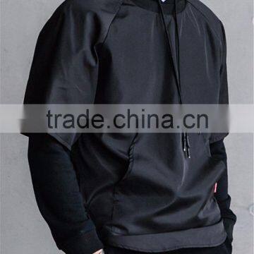 Fashion fake 2 pieces black long sleeve fullover hoody for young men