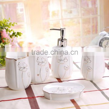 Set of 5 Bone China Bathroom Set-Lotion Dispenser, Toothbrush Holder,Two Tumbler Cups,Soap Dis
