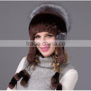 Factory wholesale real rex rabbit fur hat with sliver fox fur pompom ball hat