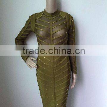 Summer dress army green black long sleeve mesh sey party women beading bandage Dress Bandage Bodycon Women Wearing