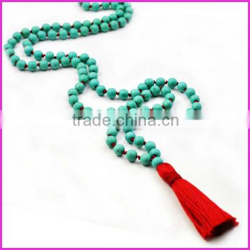 NE2128 Turquoise mala necklace with red tassel