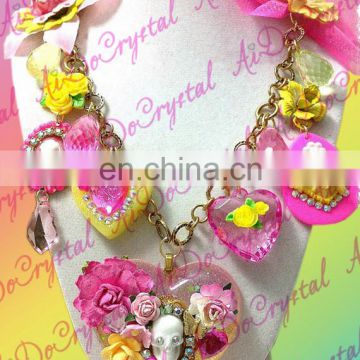 Sugar Skull Dia de Los Muertos Yellow and Pink Sparkle Heart Kawaii Charm Necklace