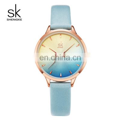 SHENGKE Charming Lady Watch Shiny Shading With Gradient Color Dial Soft Leather Band Japanese Quartz Movement K9018L