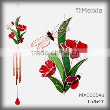 MX060041 wholesale wind chime with tiffany style stained glass dragonfly craft decoration top and metal wind chime pipe