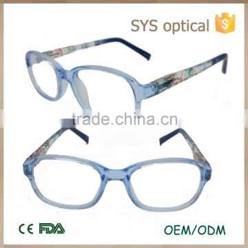 New tide shiny color with printed in temple kids glasses ,sky_blue color girl loved optical frame