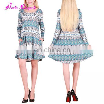 Big Stock Christmas blue pattern o neck ladies cheap fancy korean fashion dress