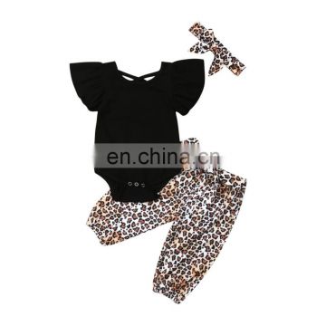 Girl's black short-sleeved blouse leopard print pantsuit direct from factory 3 piece Girl boutique summer suit