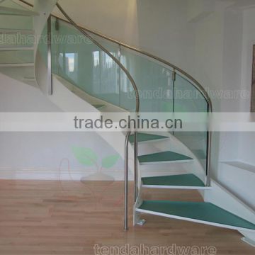 custom double stringer laminated glass treads curved staircase in white stringer and glass railing