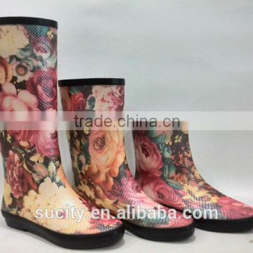 ladies sexi high-mid-end rubber rain boots with flower printing