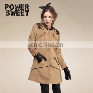 European style woollen coat with lace splicing on shoulder for young ladies latest coat design